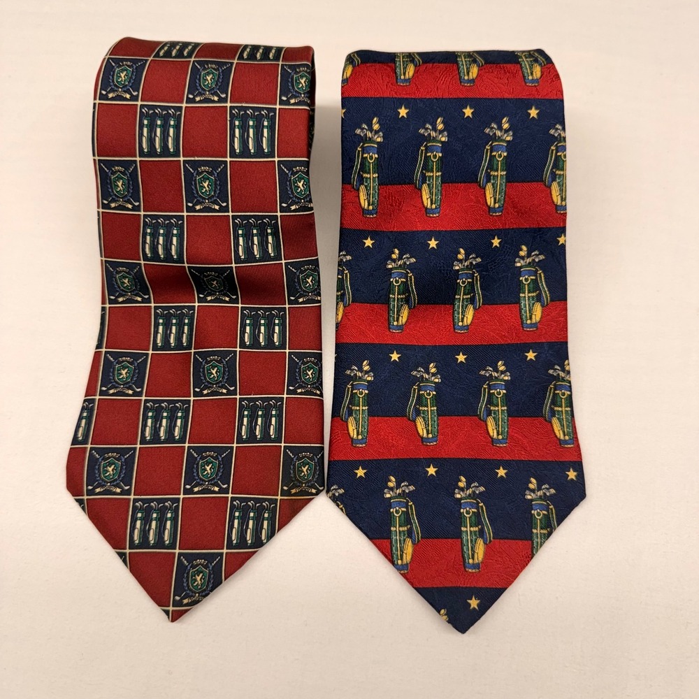 VTG Tommy Hilfiger Mens‎ Silk Tie Bundle 2 Pack Golf Theme Red Navy Made in USA